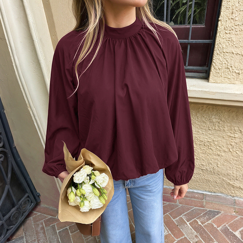 Tie Neck Mock Neck Blouse Gathered Long Sleeve Top