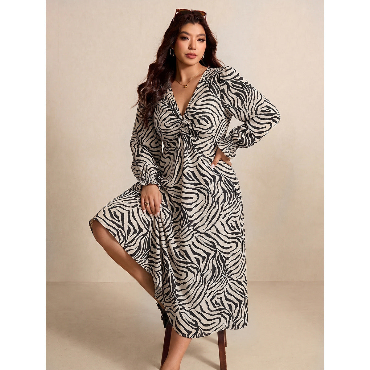 Plus Size Zebra Print V Neck Maxi Dress