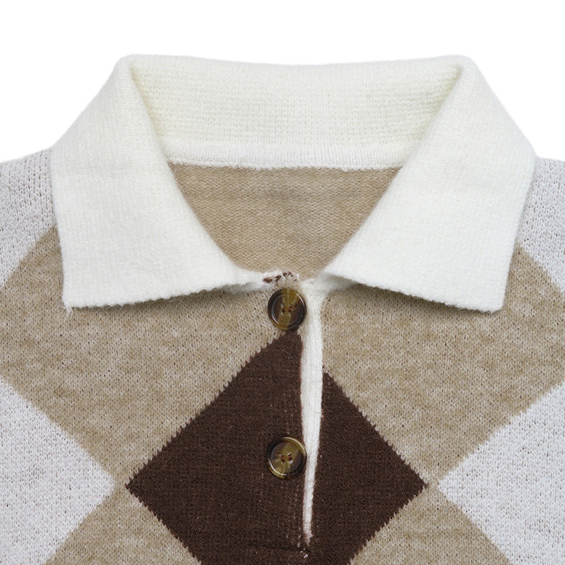 Argyle Polo Knit Sweater Colorblock Button Front Pullover