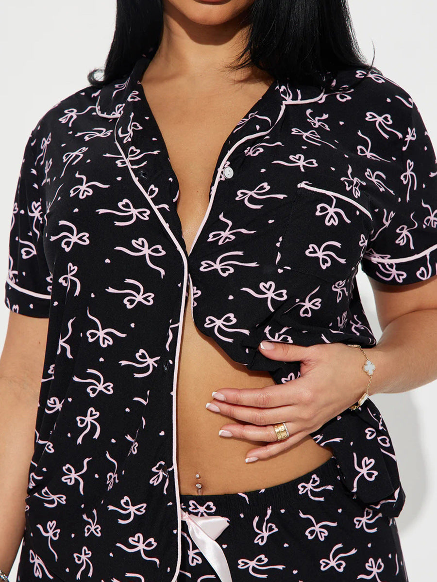 Black Bow Print Short Sleeve Two-Piece Summer Pajama Set