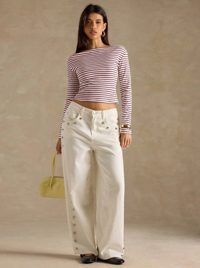 Striped Off Shoulder Long Sleeve Knit Top