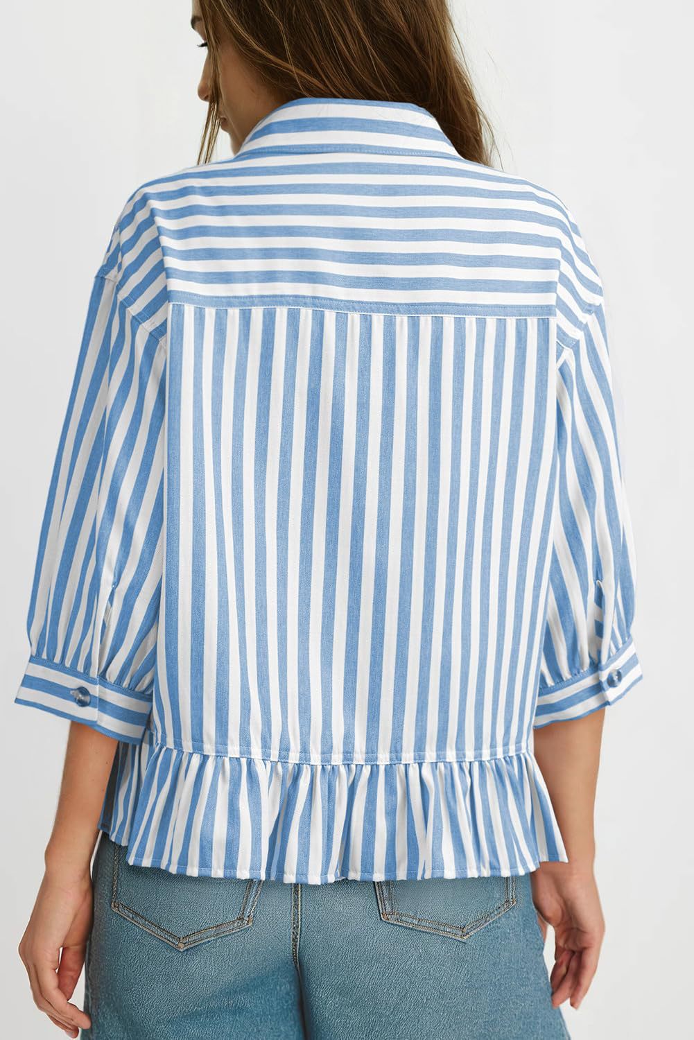 Womens Striped Button Down Ruffle Hem Blouse 3/4 Sleeve