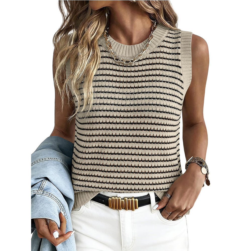 Striped Knit Top Casual Crew Neck Sleeveless