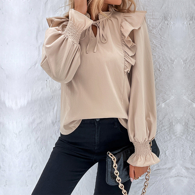 Ruffle Tie Neck Long Sleeve Blouse for Women