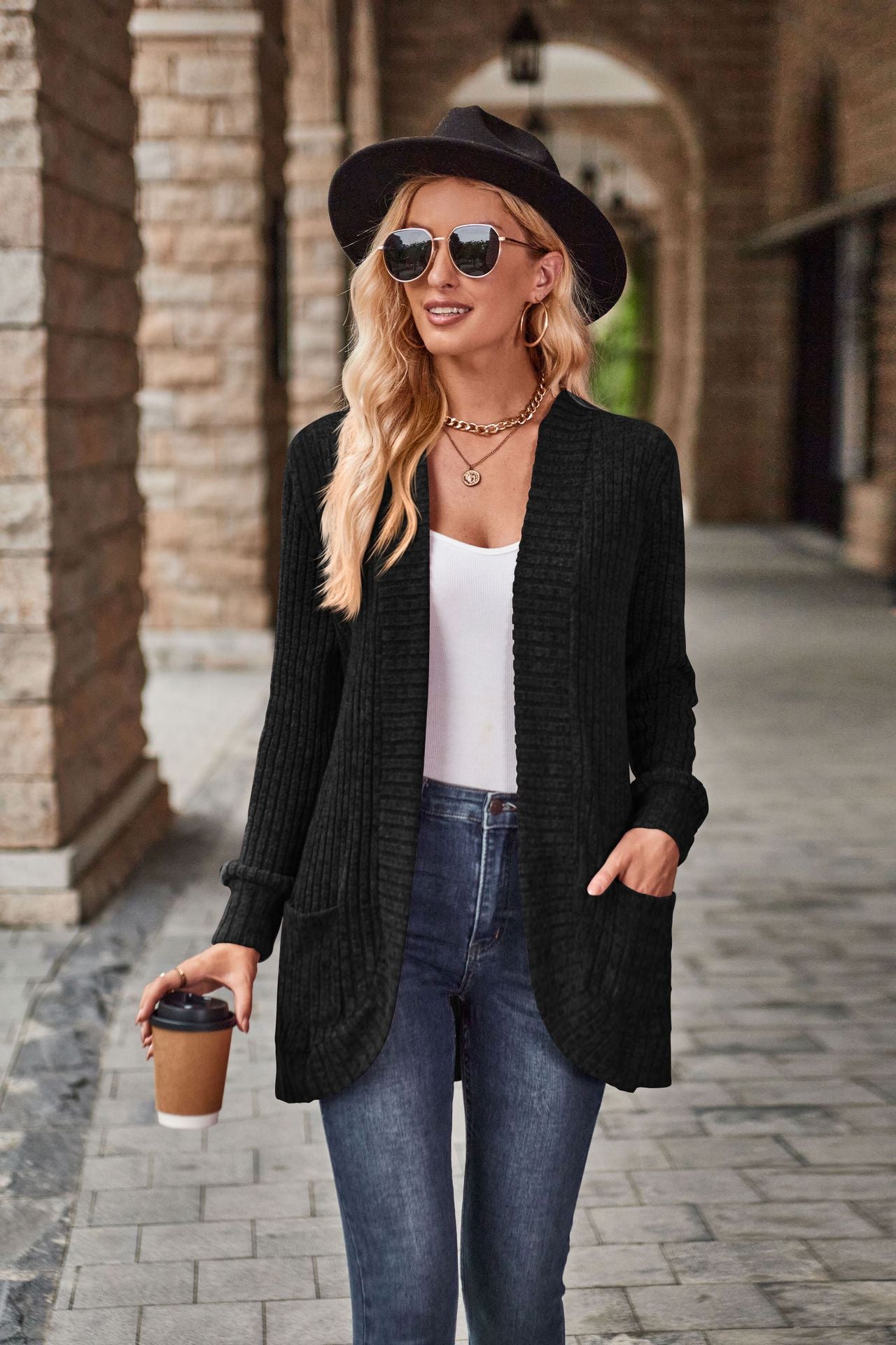 Women's Ribbed Knit Open Front Cardigan Long Sleeve Pockets