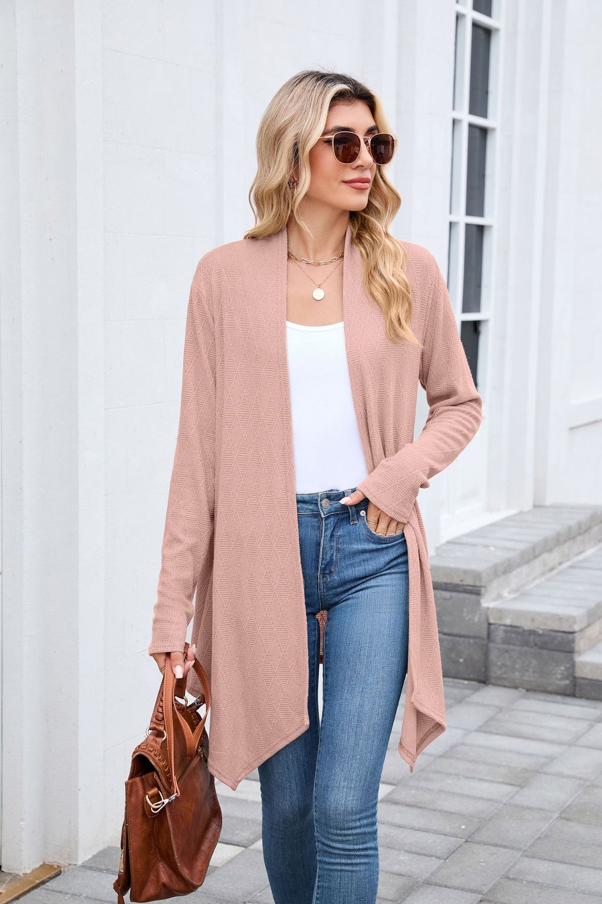 Women's Textured Open Front Long Knit Cardigan Sweater