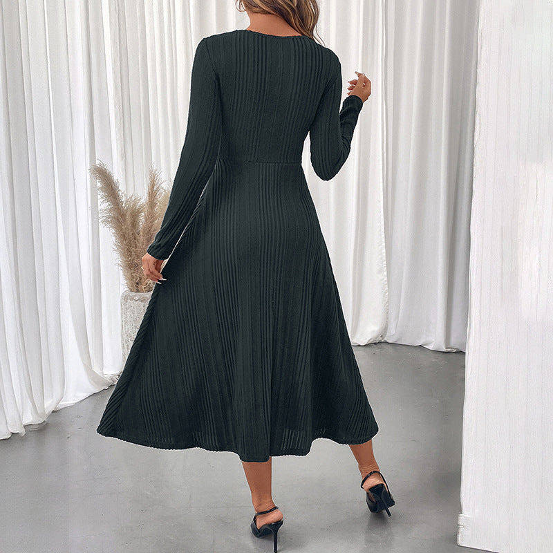 Elegant Solid Color Cutout Long Sleeve A-Line Midi Dress