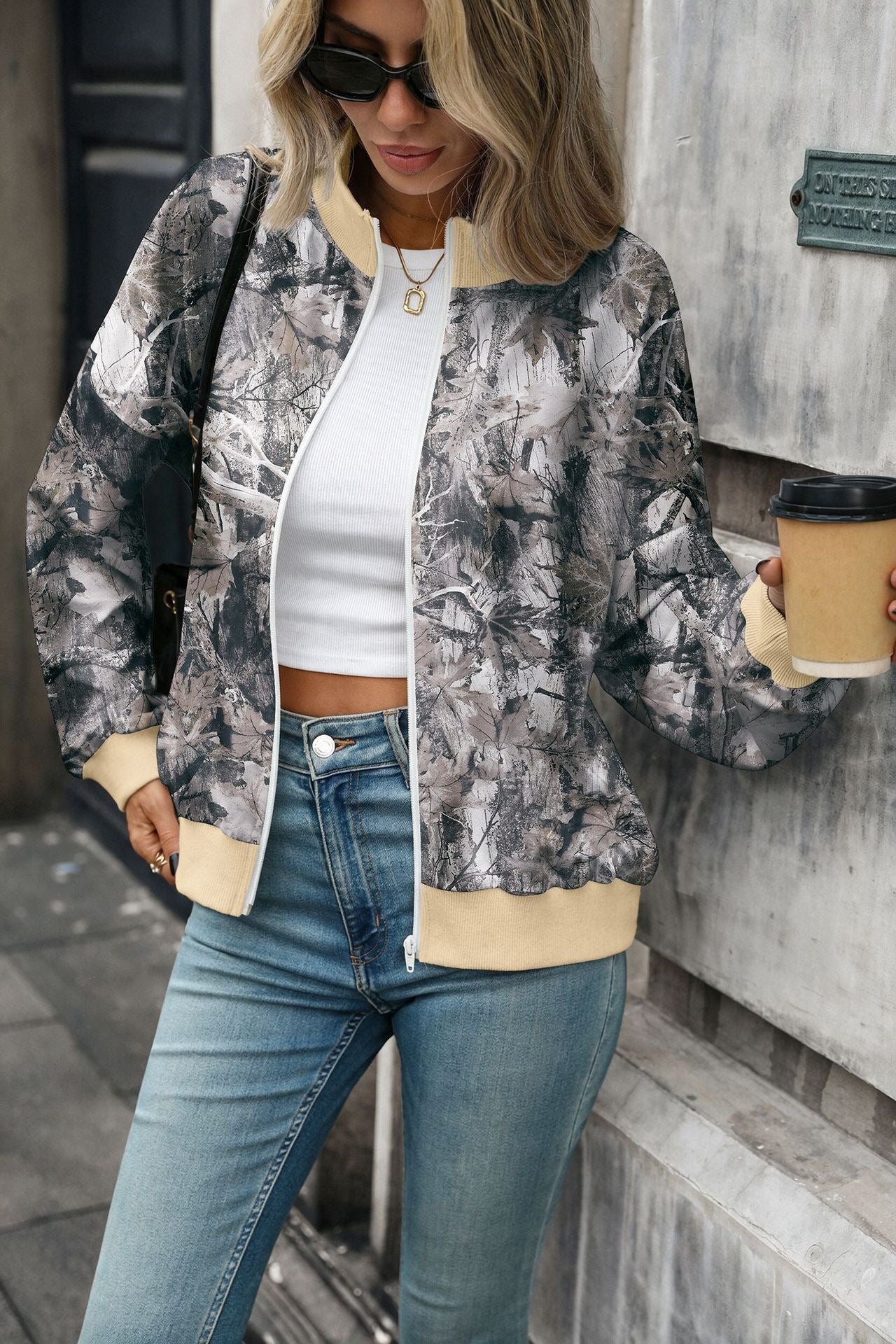 Women's Oversized Printed Zip Up Sweatshirt Mock Neck