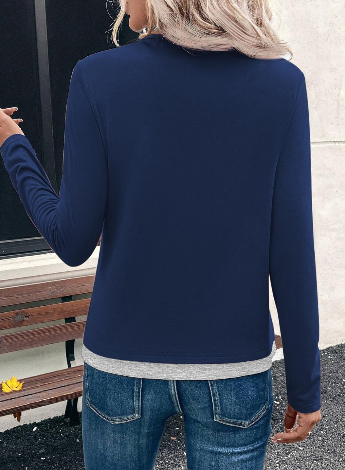 Color Block Long Sleeve Top Layered Look Casual Tee