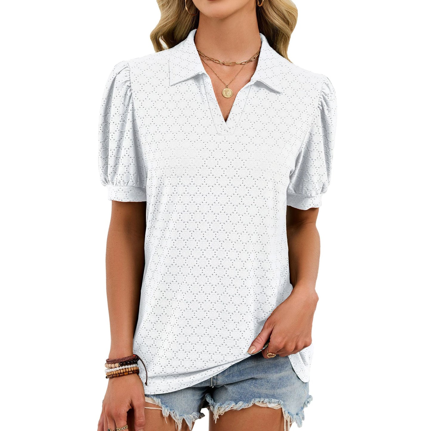 Eyelet Puff Sleeve V Neck Polo Blouse Casual Chic