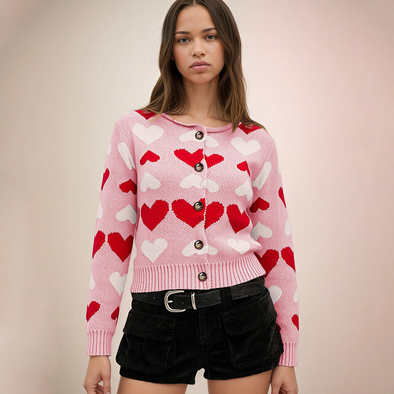 Women's Heart Print Button Front Knit Cardigan Sweater