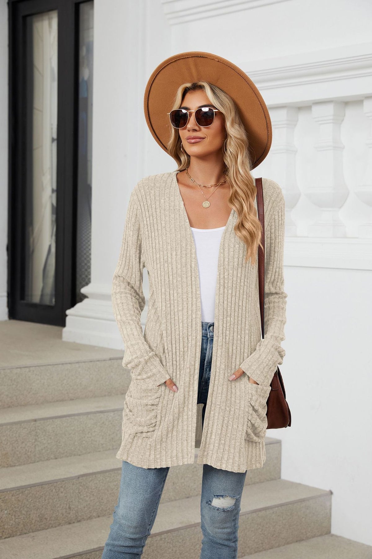 Women's Long Ribbed Open Front Cardigan with Pockets