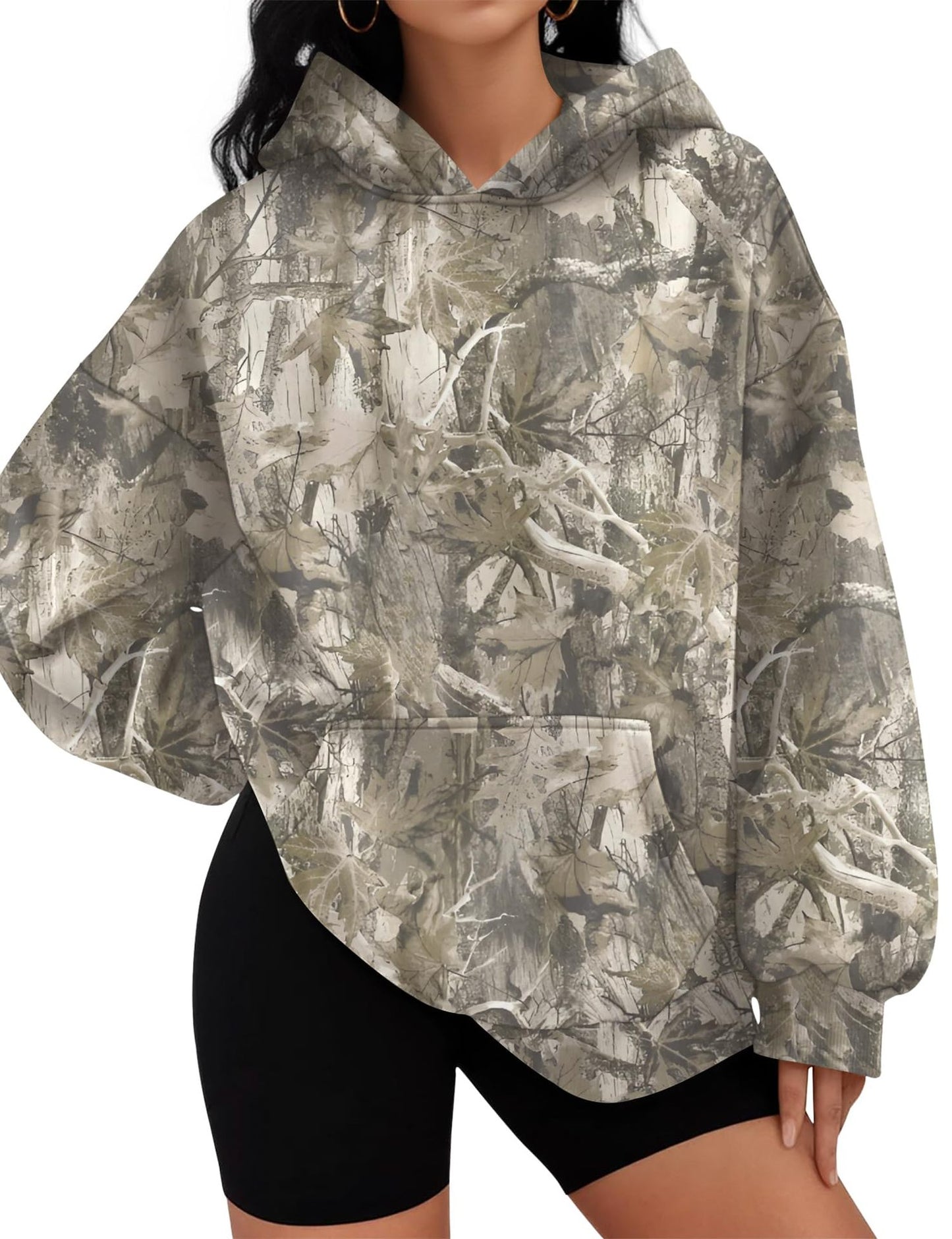 Camo Leaf Print Hoodie Women Oversized Casual Pullover