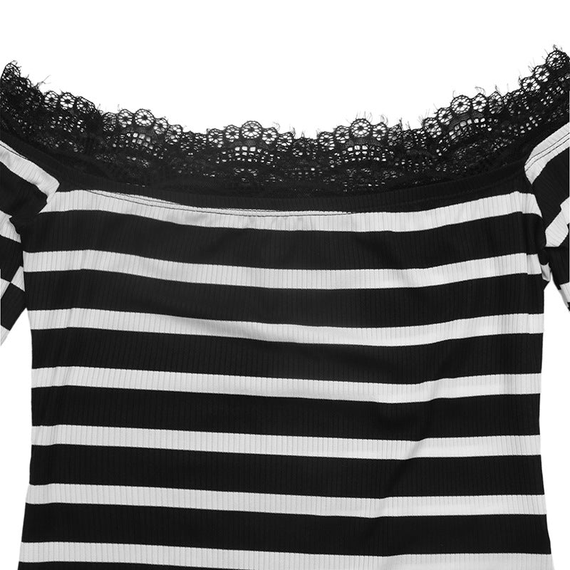 Lace Trim Striped Off Shoulder Knit Top Slim Fit Long Sleeve