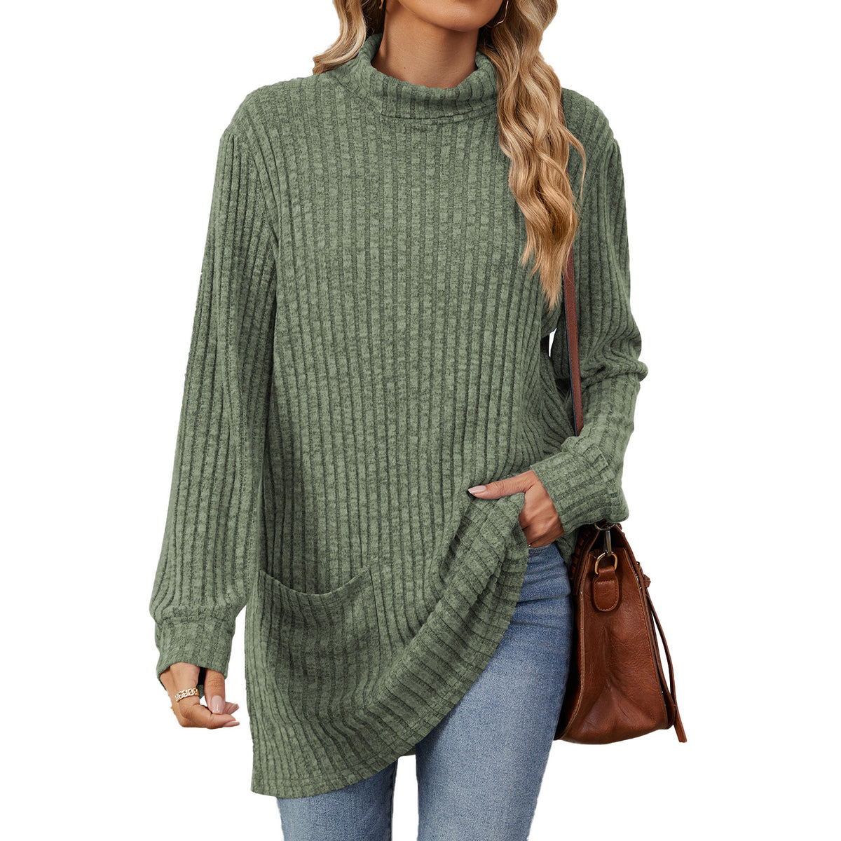 Women's Ribbed Mock Neck Long Sleeve Tunic Top with Pockets