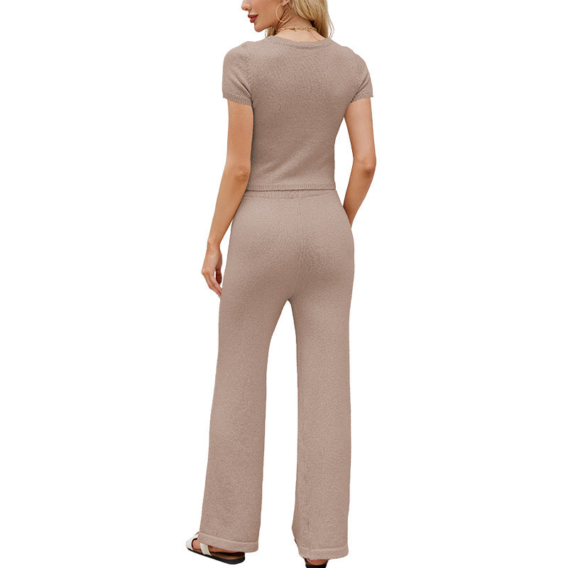 Solid Knit Short Sleeve Top and Pants Set