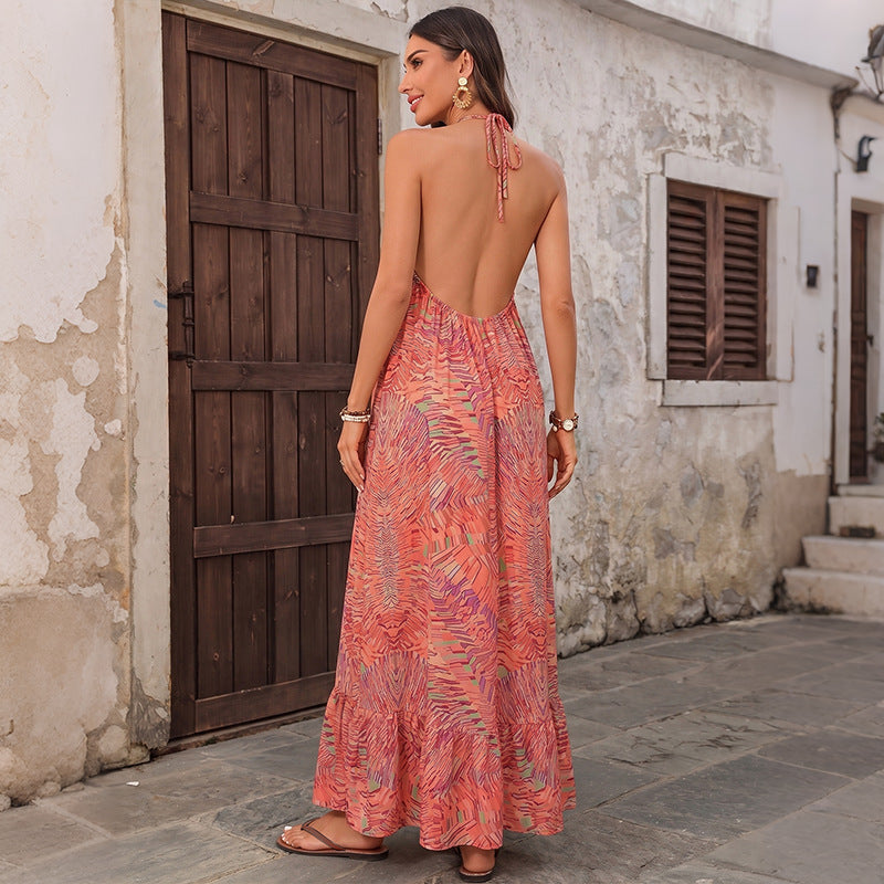 Abstract Gauze Maxi Dress Boho Halter Ruffle