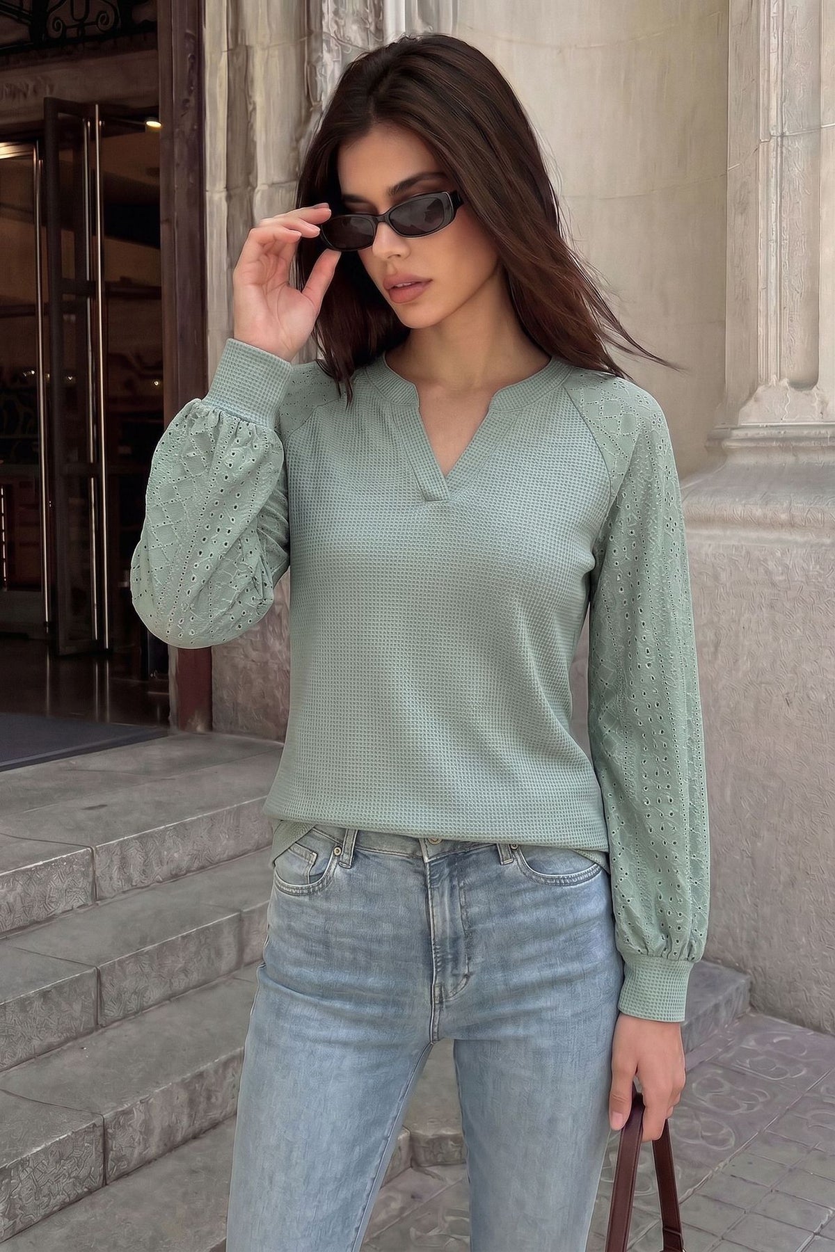 Women's Waffle Knit Eyelet Sleeve V Neck Top