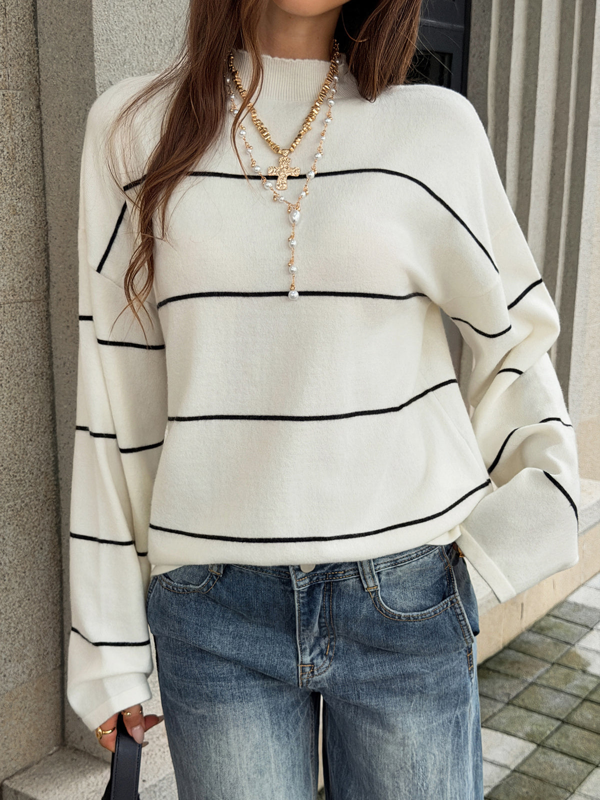 Mock Neck Striped Oversized Cropped Sweater