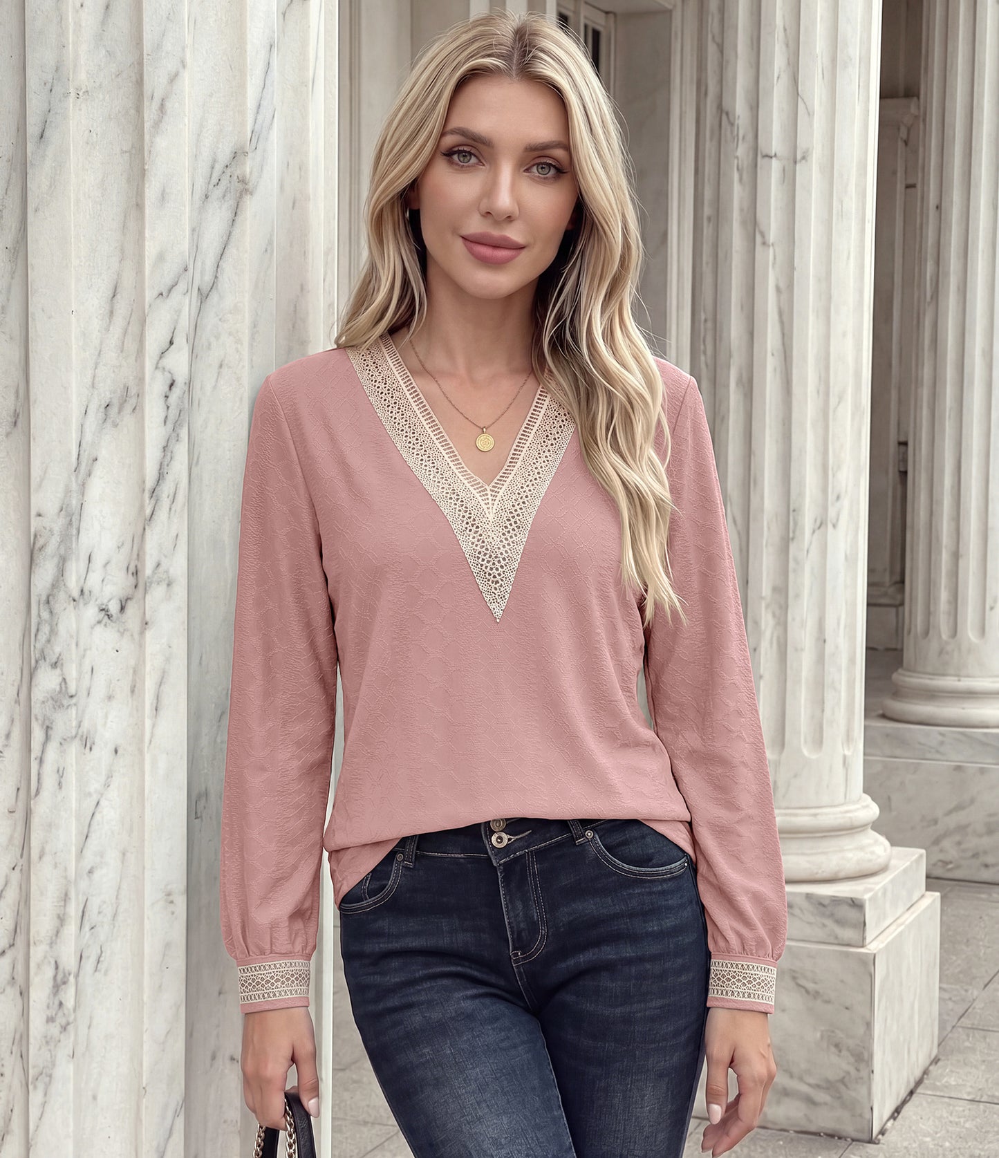 Women's Lace Trim V Neck Long Sleeve Loose Casual Top