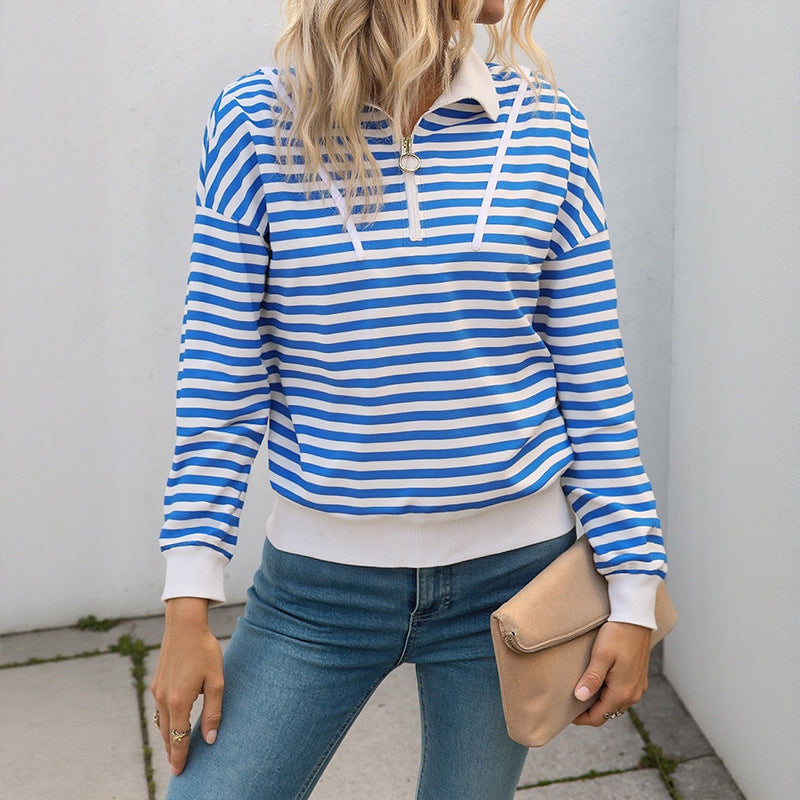 Striped Polyester Sweatshirt Casual Quarter Zip Oversized