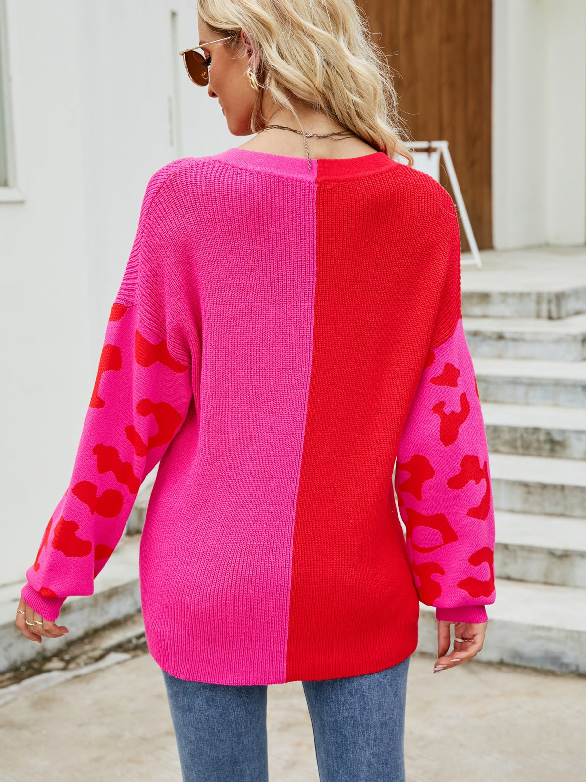 Leopard Colorblock V-Neck Pullover Sweater for Women