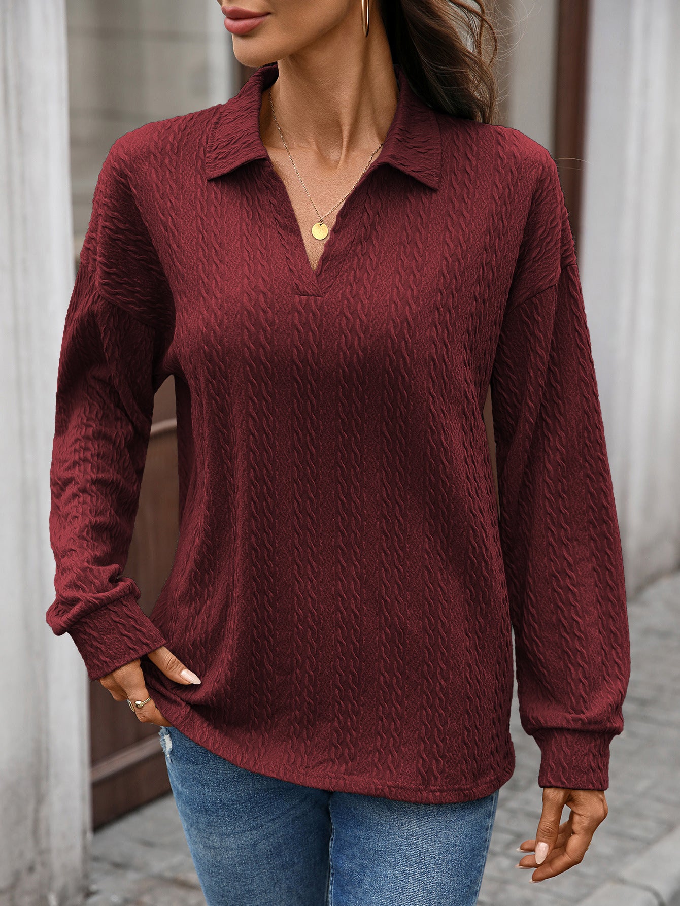 Women's Collared Long Sleeve Solid Pullover Top