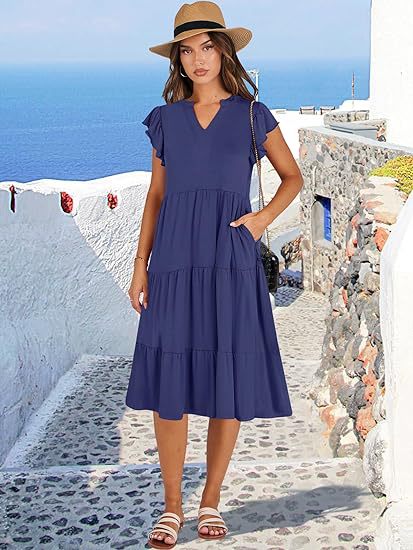 V Neck Flutter Sleeve Tiered Midi Dress with Pockets