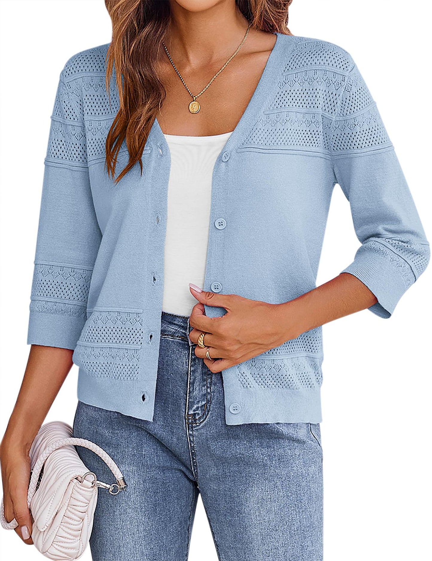 Lace Pattern V Neck Button Front Summer Sweater