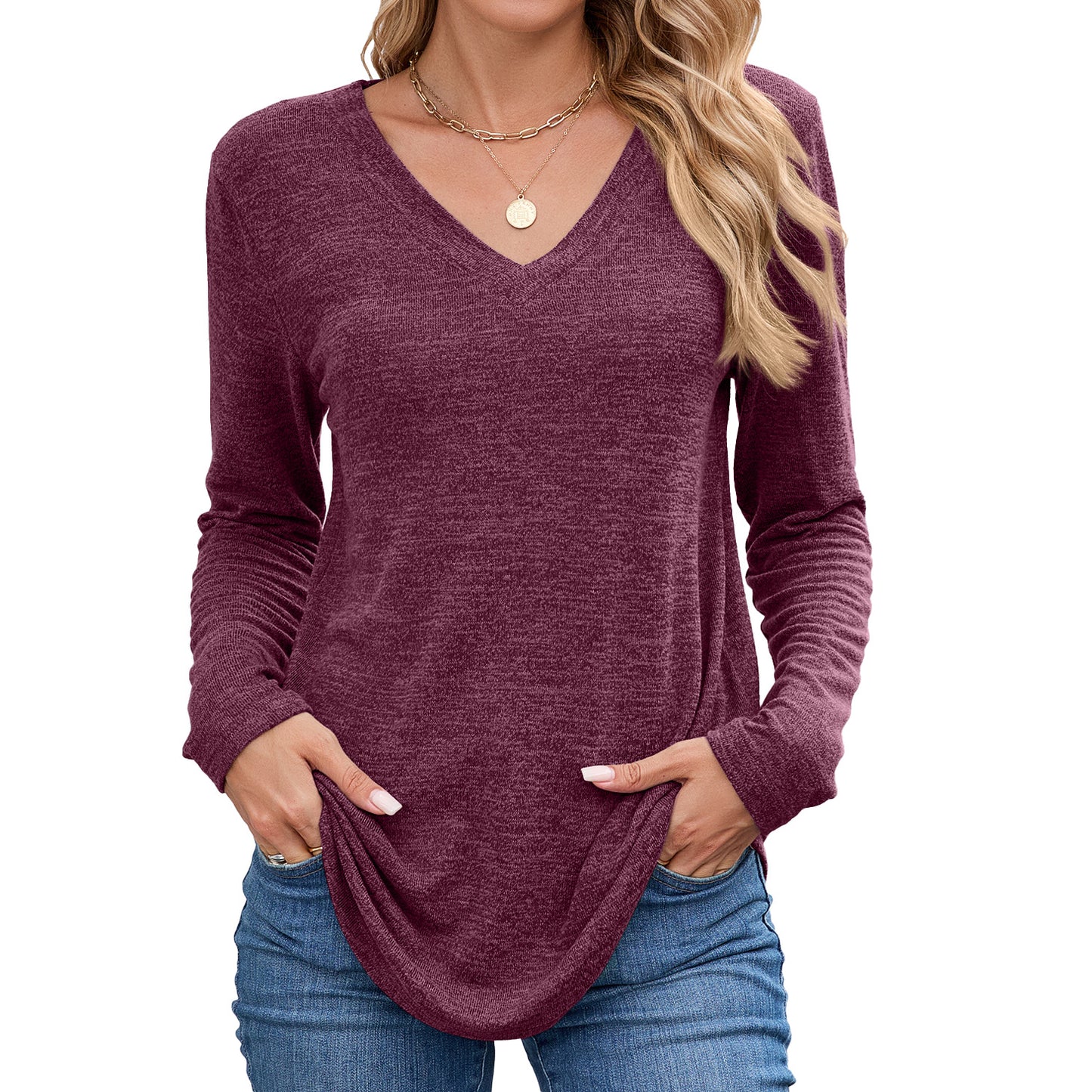 Women's Oversized V-Neck Long Sleeve Tunic Top