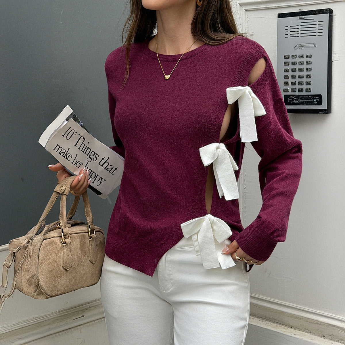 Women's Cutout Bow Sweater Burgundy Coquette Knit