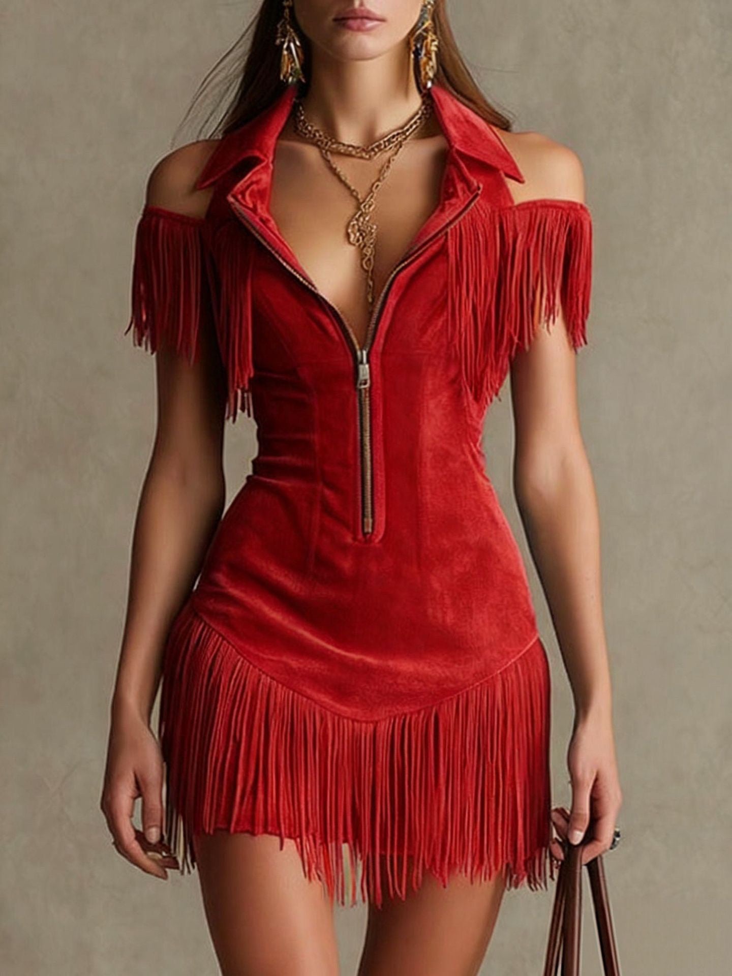 Y2K Western Fringe Suede Mini Dress for Women