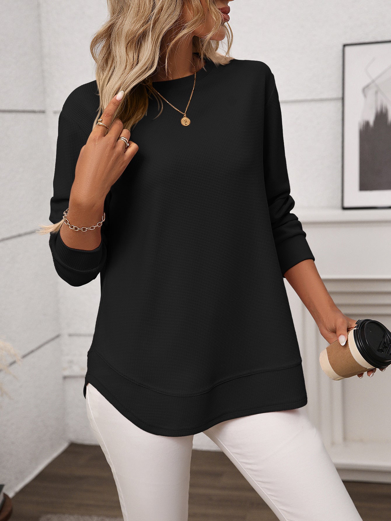Waffle Knit Long Sleeve Top Relaxed Fit Casual Pullover