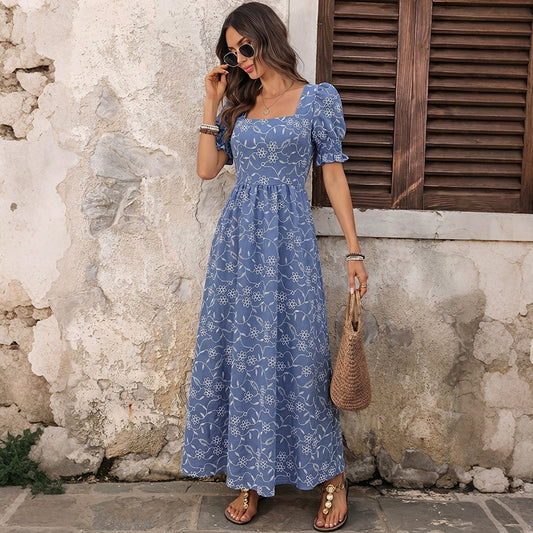 Floral Polyester Dress Boho Square Neck Puff Sleeve