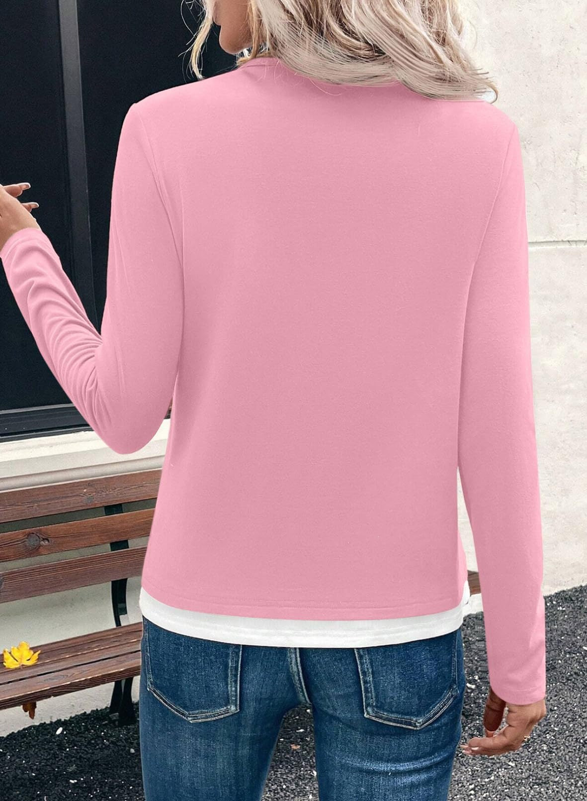 Color Block Long Sleeve Top Layered Look Casual Tee