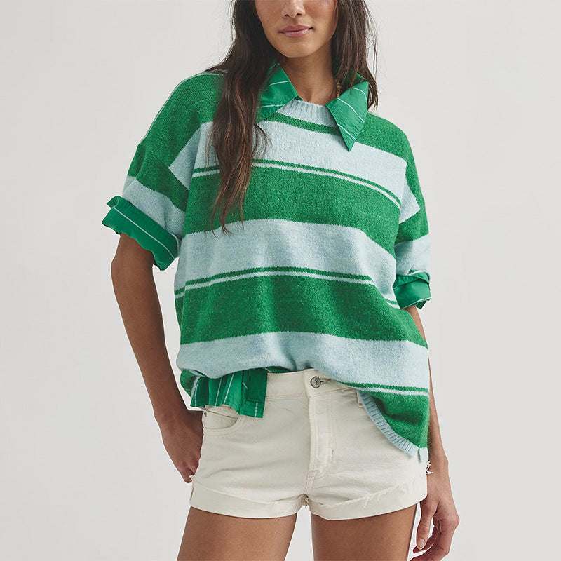 Women's Oversized Striped Short Sleeve Knit Sweater