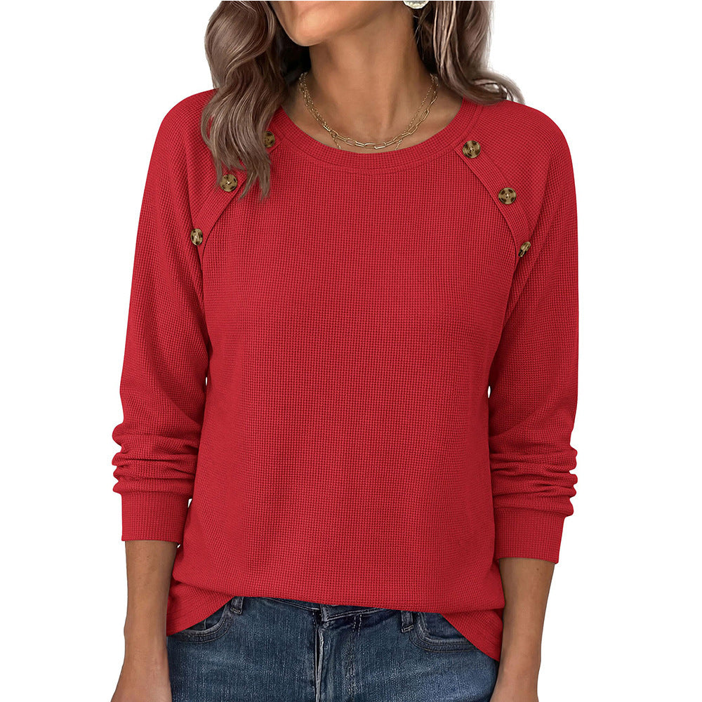 Waffle Knit Button Detail Top Long Sleeve Casual Pullover