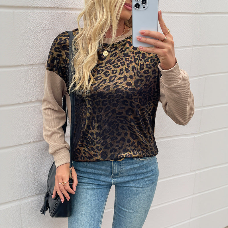 Leopard Print Color Block Long Sleeve Casual Top