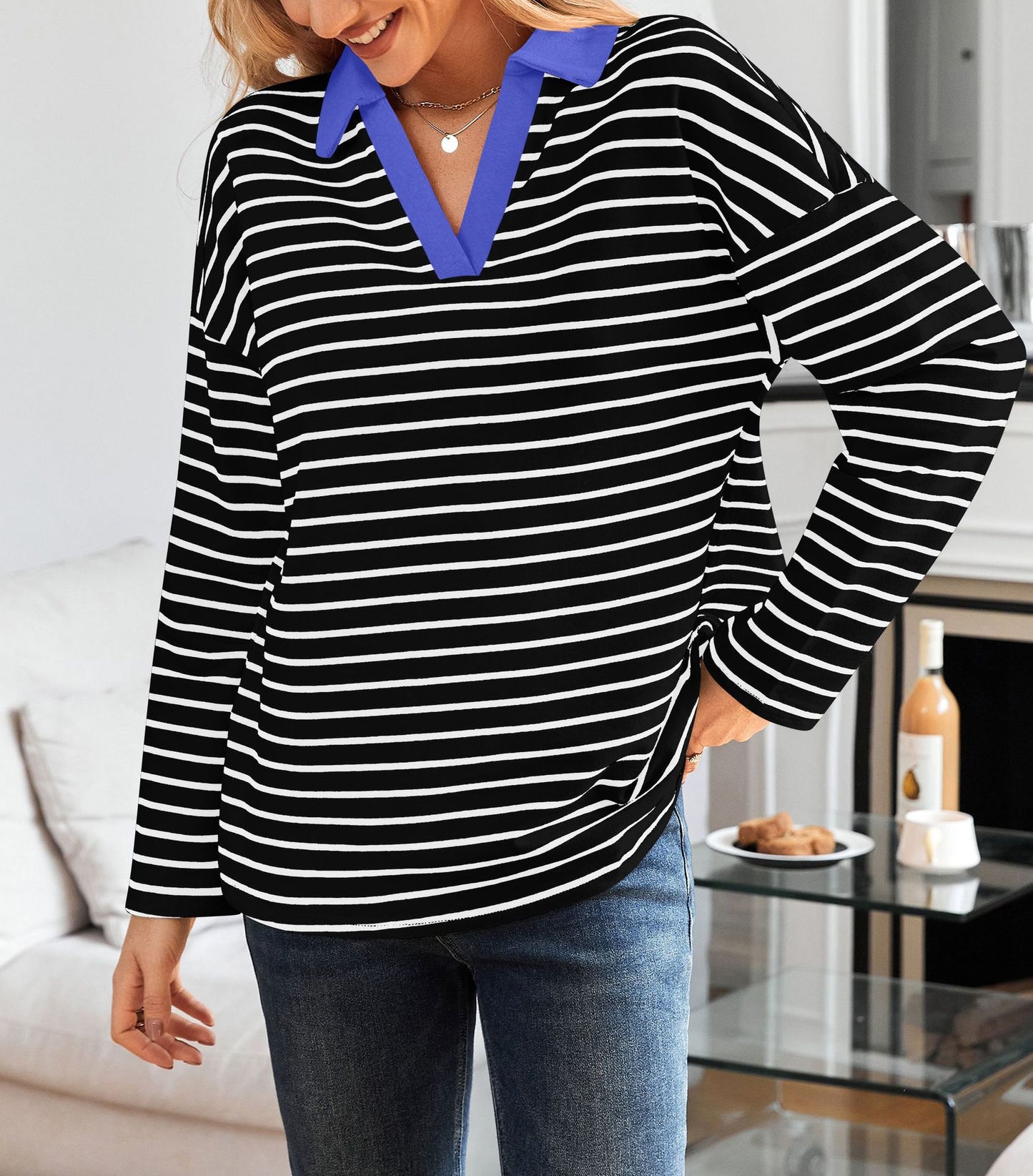 Striped V-neck Loose Sweatshirt Lapel Sweater