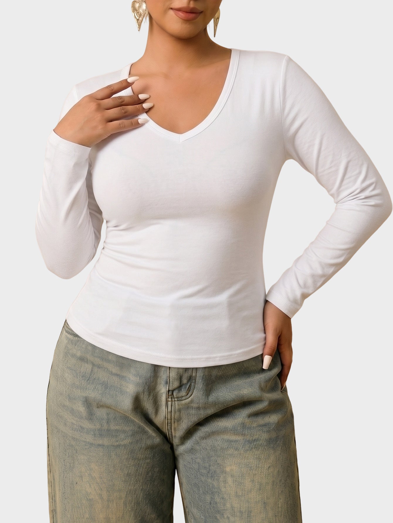 Solid Ribbed Long Sleeve Top V Neck Slim Fit Casual