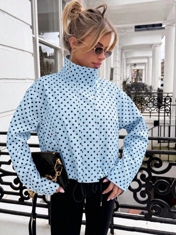 Polka Dot Woven Jacket Trendy Zip Up Stand Collar