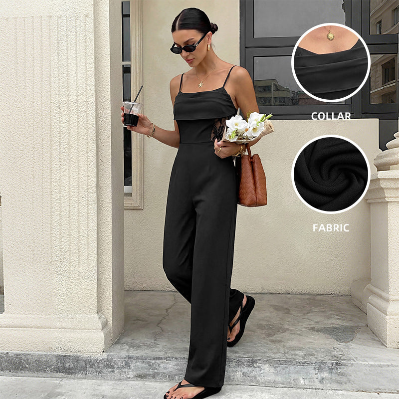 Women Lace Panel Spaghetti Strap Wide Leg Jumpsuit