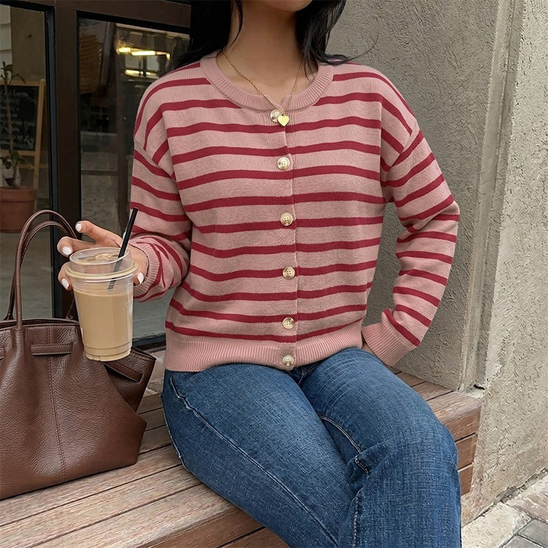 Striped Cotton Cardigan Button Front Oversized Casual Style