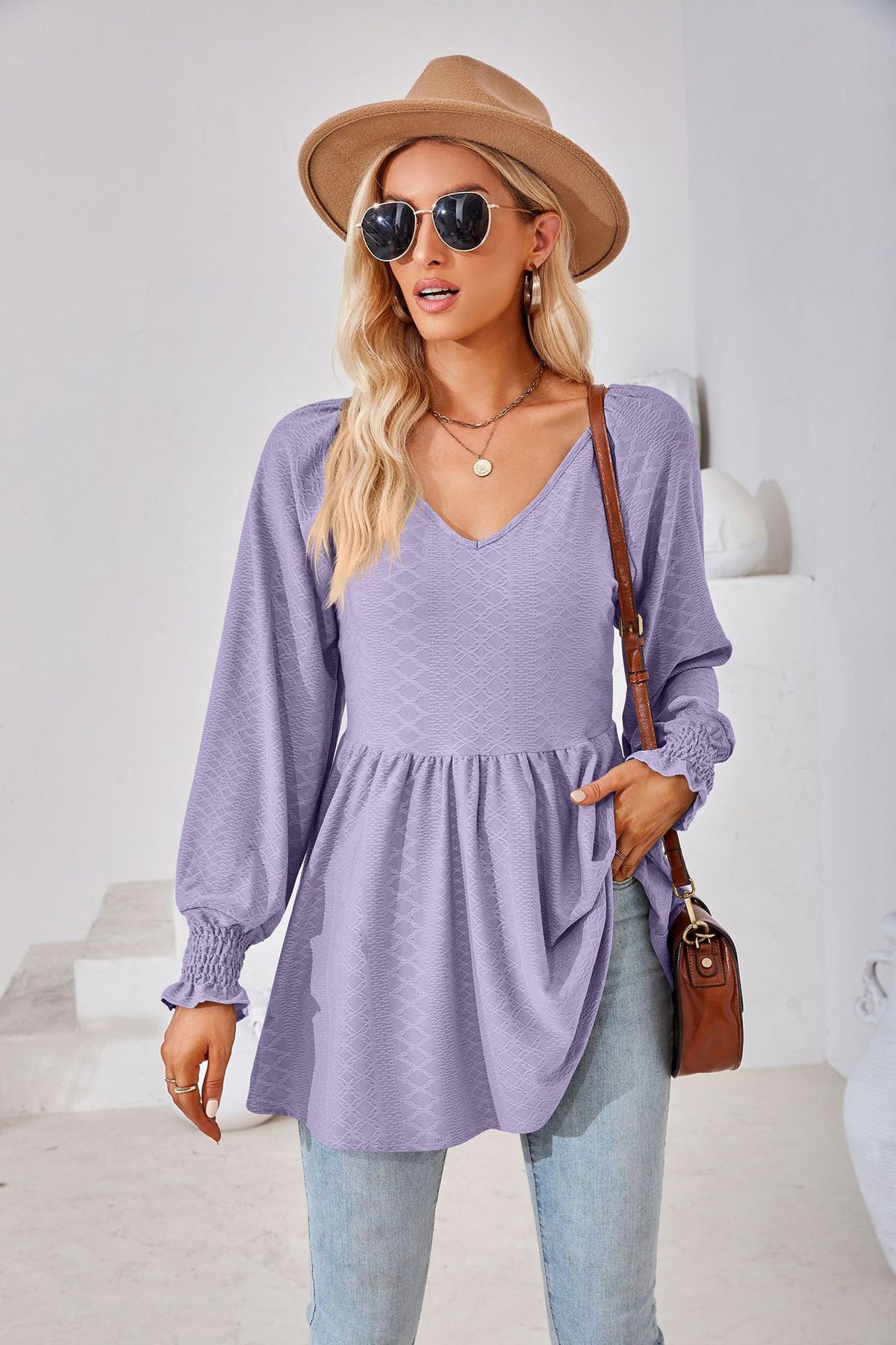 Women's V Neck Long Sleeve Textured Babydoll Tunic Top
