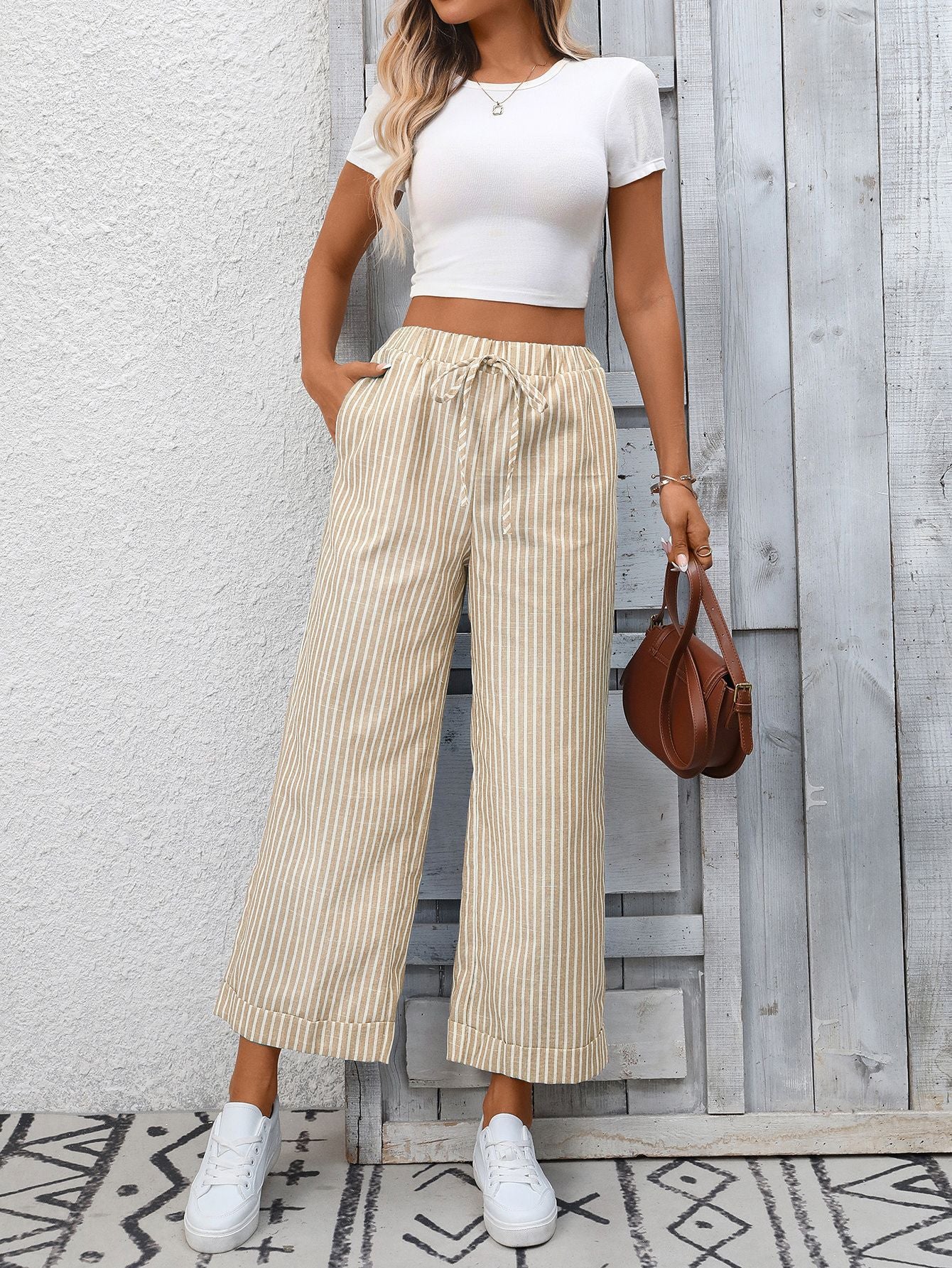 Striped High Waist Cropped Straight Leg Casual Pants