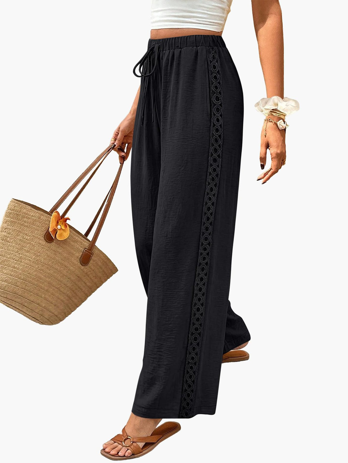 Women Lace Trim Drawstring Wide Leg Casual Pants