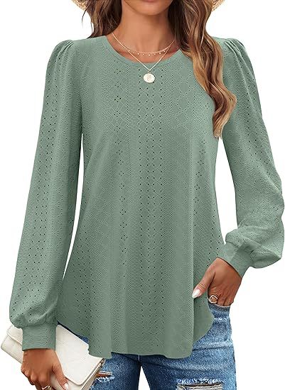 Solid Knit Blouse Casual Eyelet Puff Sleeve Boutique