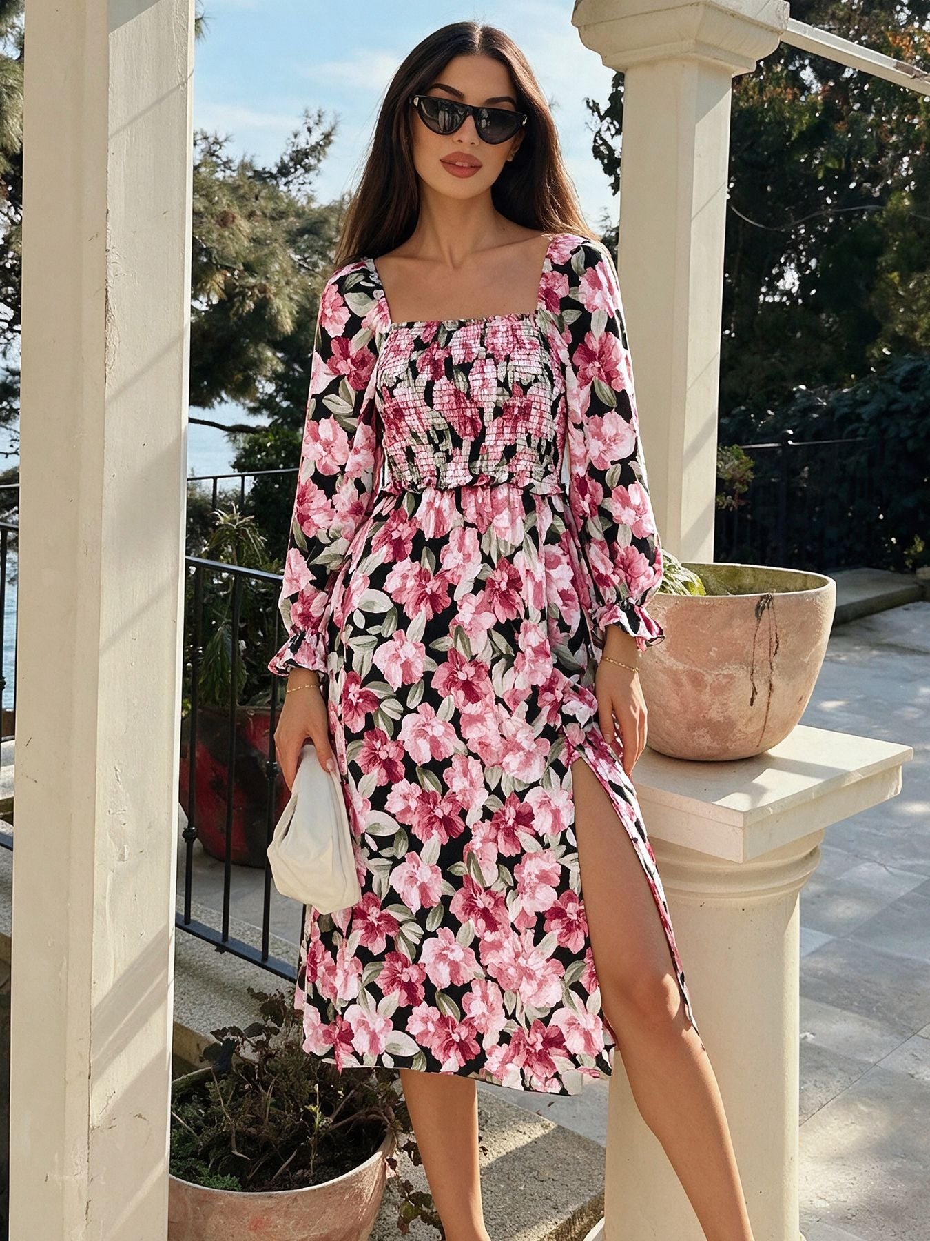 Floral Square Neck Midi Dress Smocked Long Sleeve