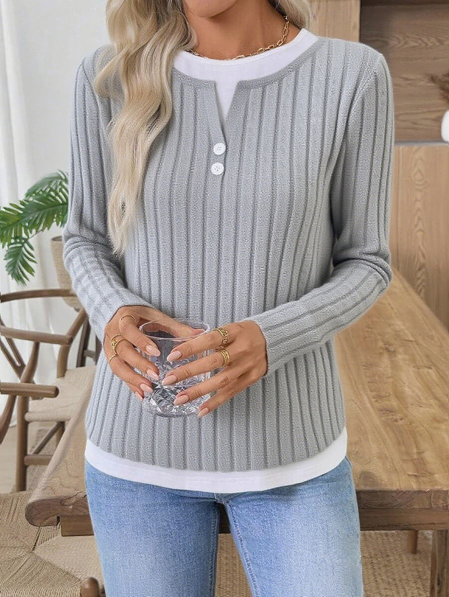 Solid Brushed Knit Top Casual Ribbed Henley Tee