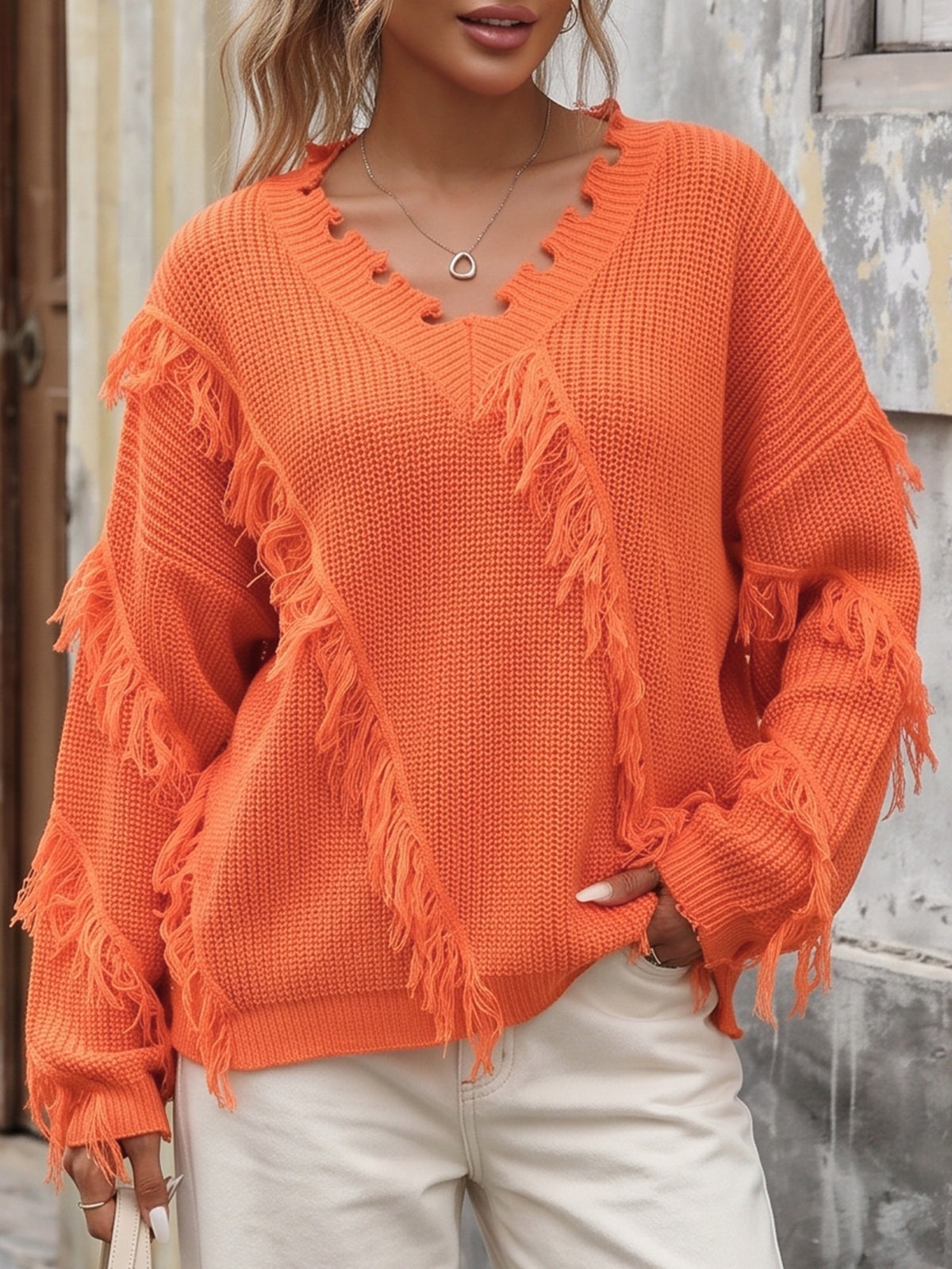 Women's Oversized V Neck Fringe Chunky Knit Sweater